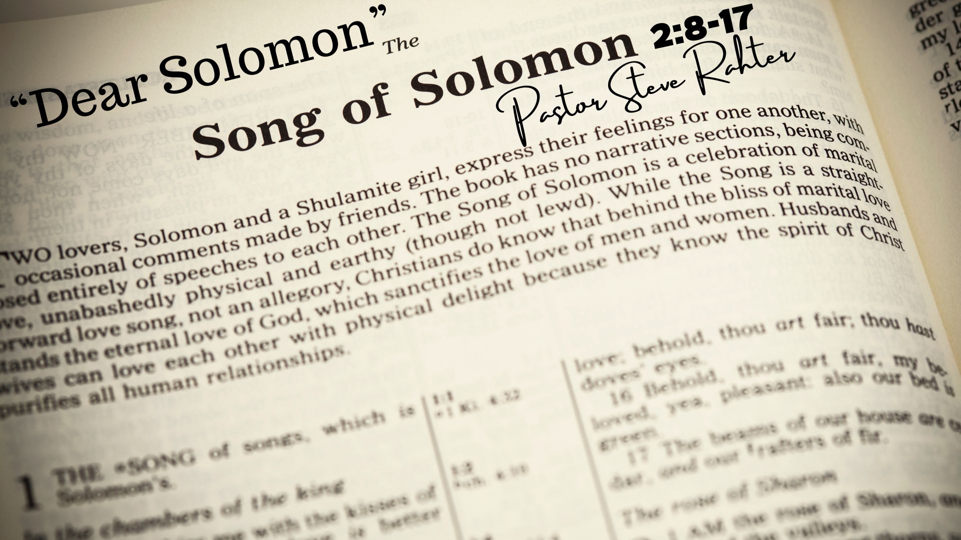 1/28/24 Dear Solomon Song of Solomon 2:8-17 Pastor Steve Rahter